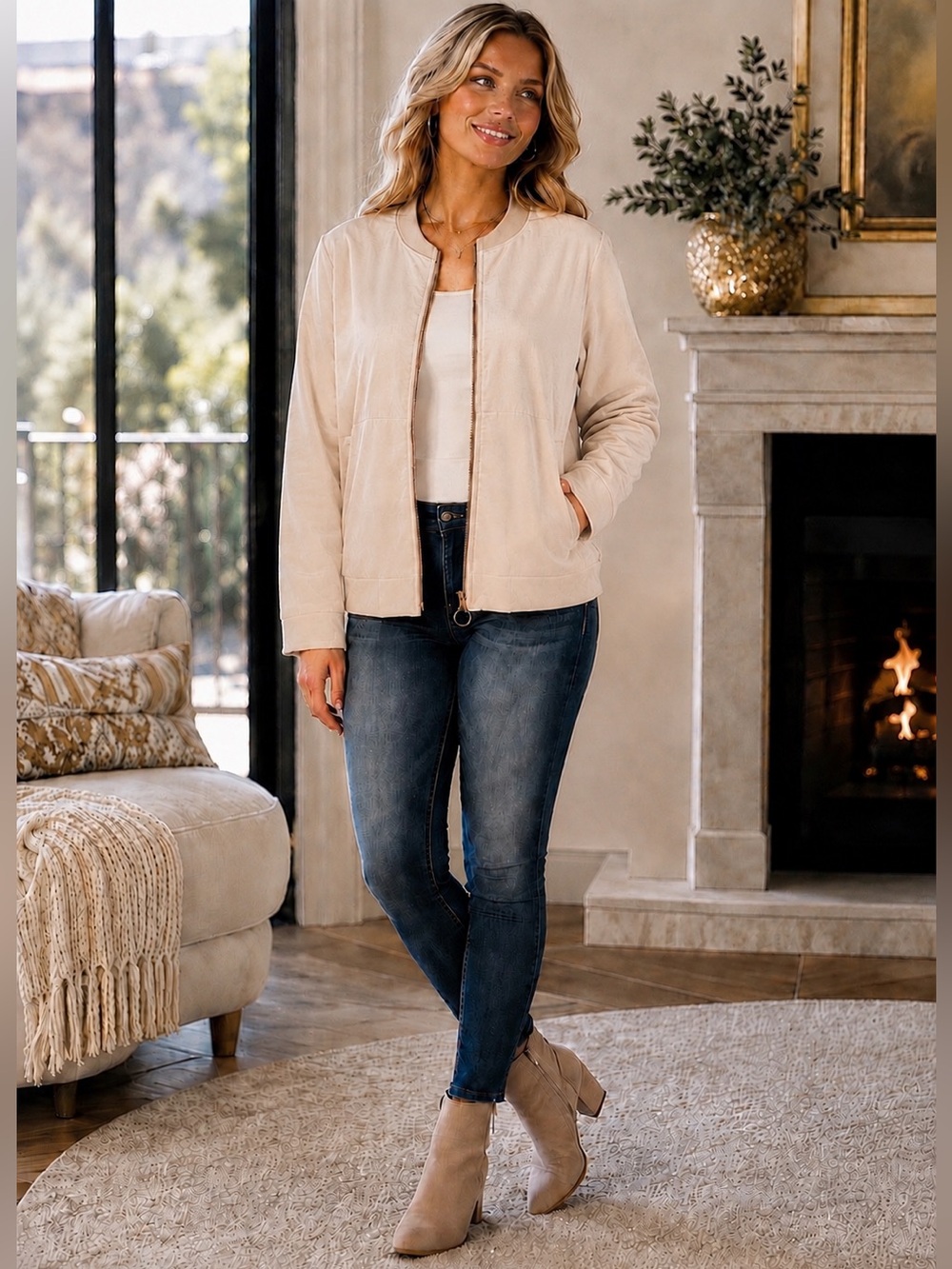 LC Lauren Conrad Quiet Lux Champagne Beige Velvet Holiday Bomber Jacket SZ S